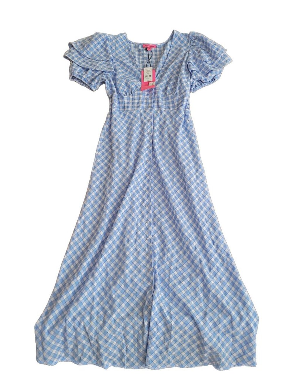 Betsey Johnson Women's Blue Gingham Puff Sleeve V-Neck Cottagecore Maxi Dress (s